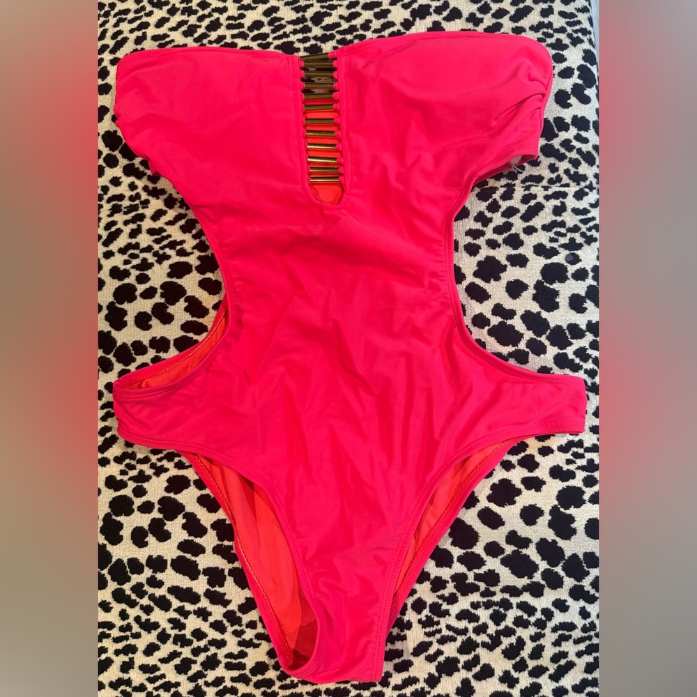 Cut-Out Monokini with Gold Ladder Detail | Bold Florescent Pink Swimwear